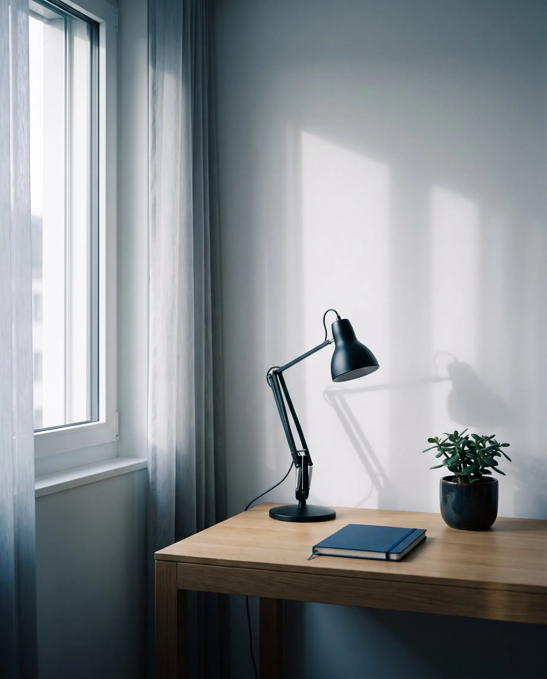 Helle Büroecke mit Schreibtisch, Lampe und Pflanze