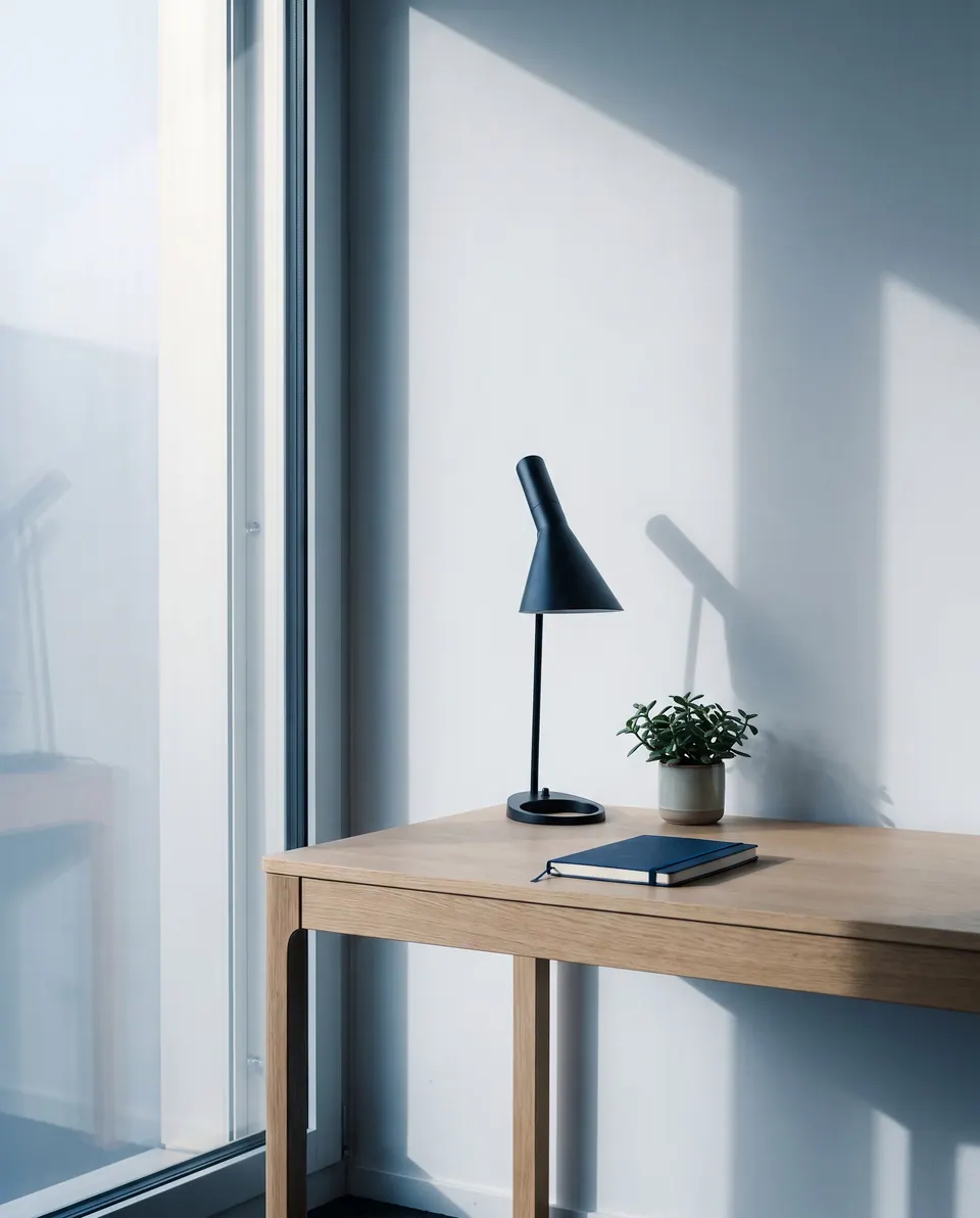 Ruhige Büroecke mit Schreibtisch, Lampe und Pflanze im Morgenlicht