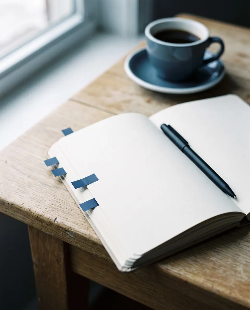 Aufgeschlagenes Notizbuch mit Markierungen und Kaffeetasse