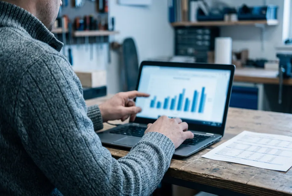 Unternehmer in der Werkstatt prüft Zahlen am Laptop