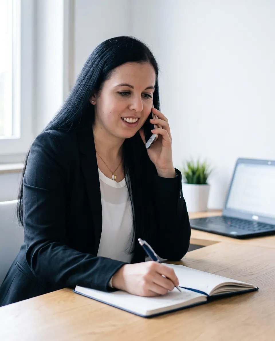 Elena Rickenbach am Telefon im Büro