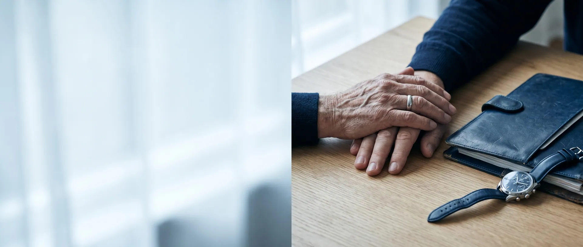 Ältere Hand ruht auf der Hand einer jüngeren Person neben einem Ordner