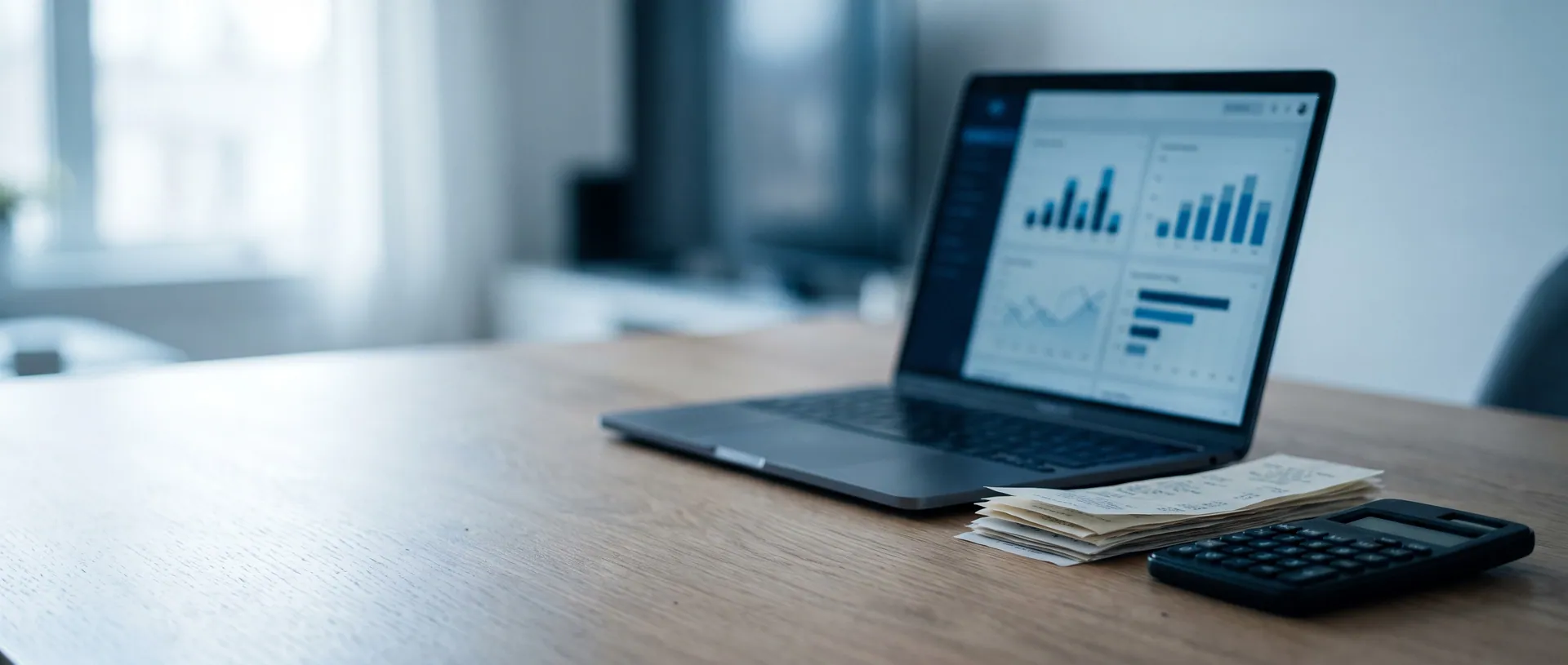 Laptop mit Diagrammen, Belegen und Taschenrechner
