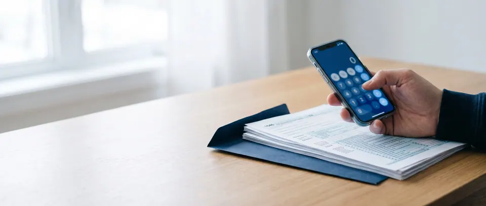 Hand mit Smartphone über Steuerunterlagen
